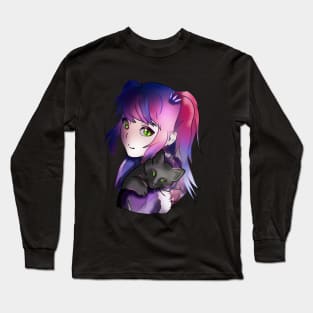 Witch enchantress with purple hair and a black kitten Long Sleeve T-Shirt